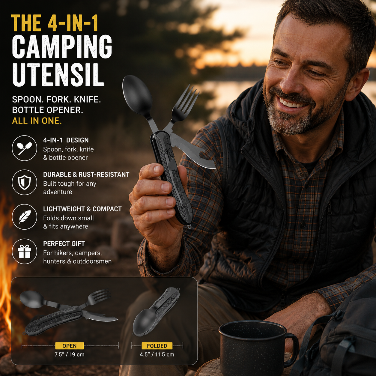 4-in-1 Detachable Folding Knife Fork Spoon Bottle Opener - Stainless Steel Portable Eating Utensils for Hiking, Camping, Fishing & EDC Outdoor Survival