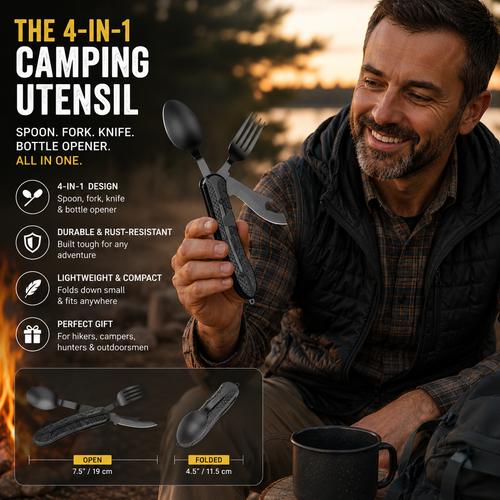 4-in-1 Detachable Folding Knife Fork Spoon Bottle Opener - Stainless Steel Portable Eating Utensils for Hiking, Camping, Fishing & EDC Outdoor Survival