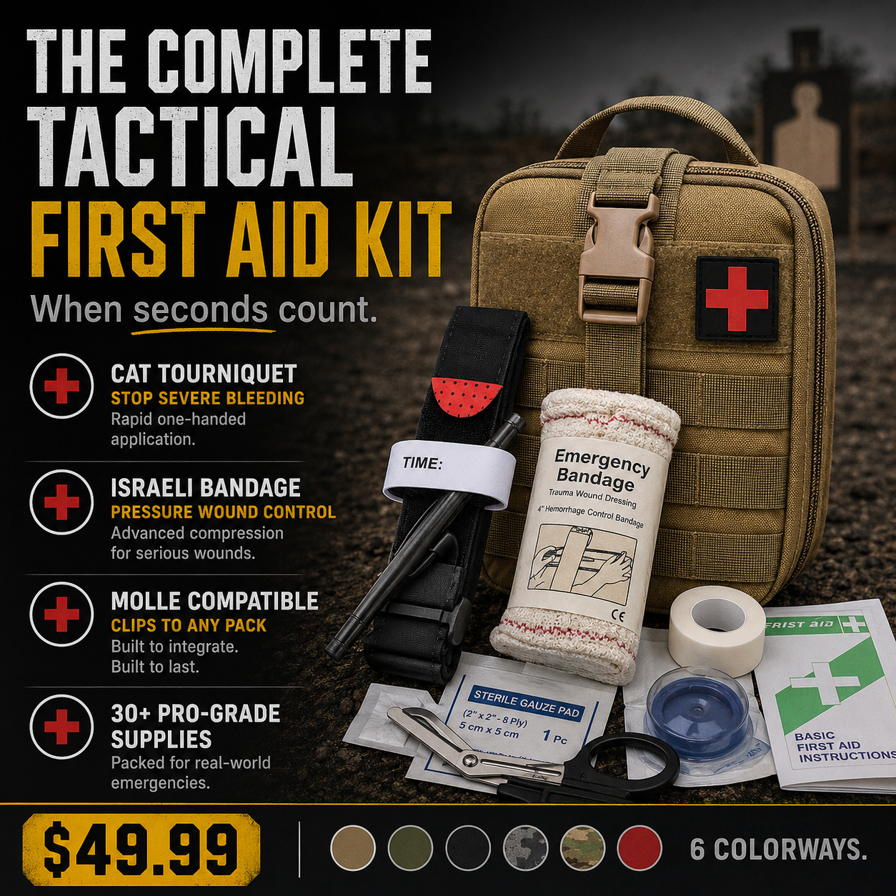 Outdoor Tactical First Aid Kit with CAT Tourniquet - Complete IFAK Trauma Bag with Israeli Bandage & Gauze - Molle Pouch for Camping & Hiking
