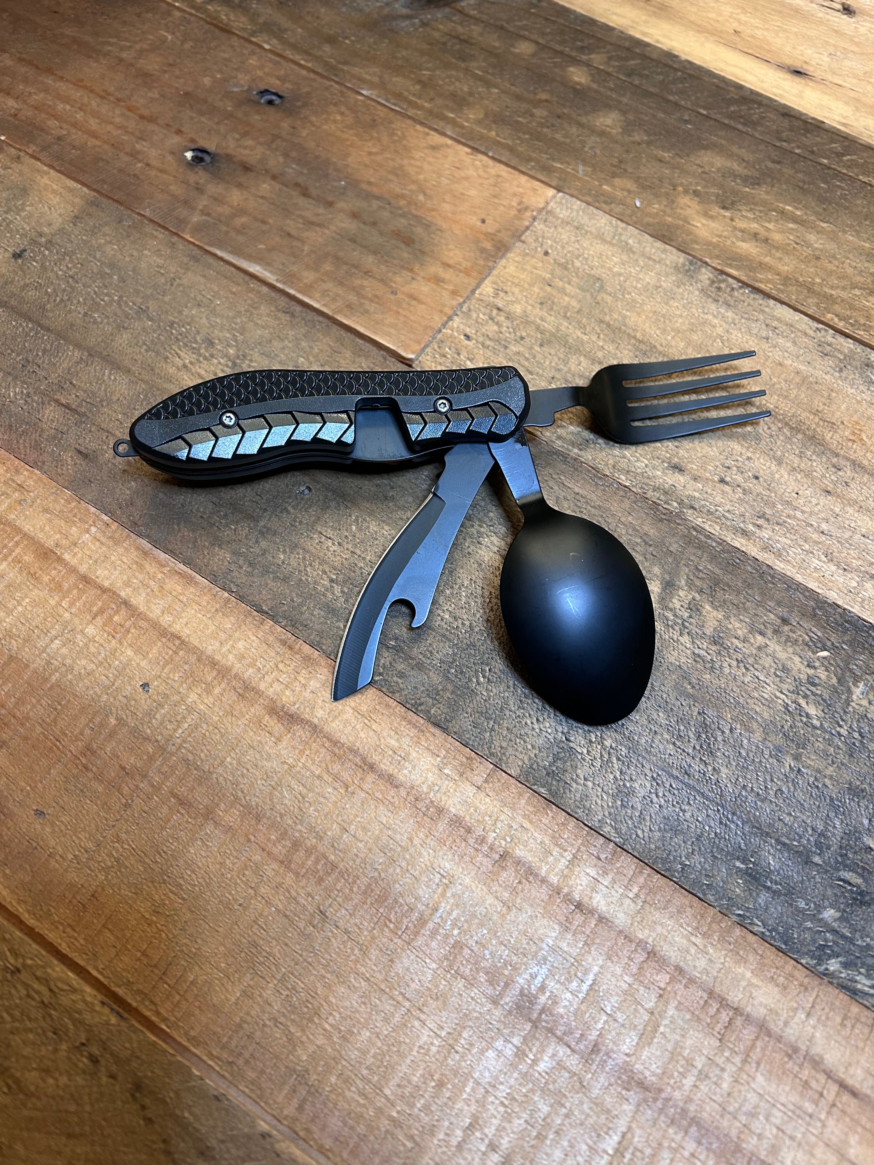 4 in 1 Detachable Folding Knife Fork Spoon Bottle Opener Set multitool | lunchbox | Construction tool | Stainless Steel Portable Eating Utensils | Outdoor Survival Gear for Hiking Backpacking | EDC Camping | Tactical Fishing Hunting Bushcraft Men Birthday