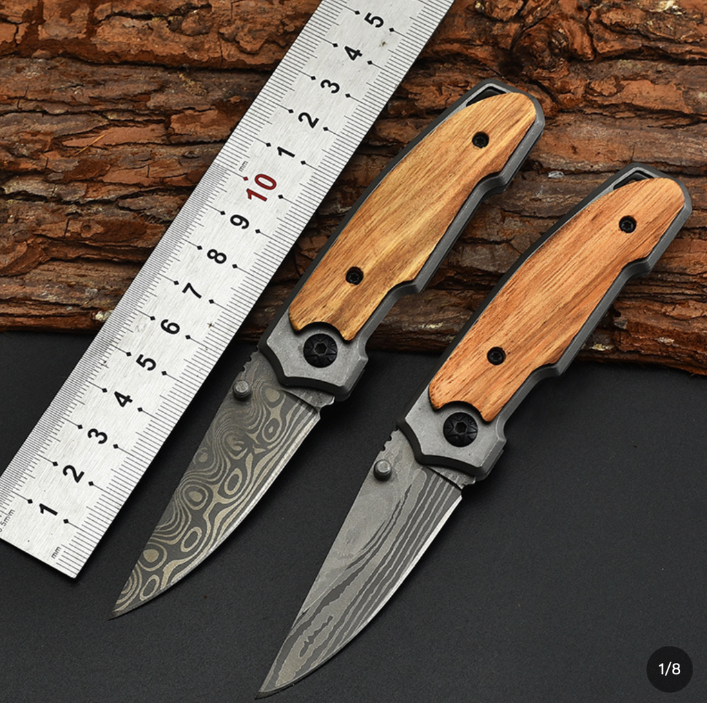 Damascus Pattern Folding Pocket Knife with Wood Handle - Stainless Steel EDC Camping Knife for Hiking, Fishing, Backpacking & Cooking - Compact Liner Lock Pocket Knife - Mens Everyday Carry Tool - Gift for Dad, Husband, Boyfriend, Outdoorsmen Birthday