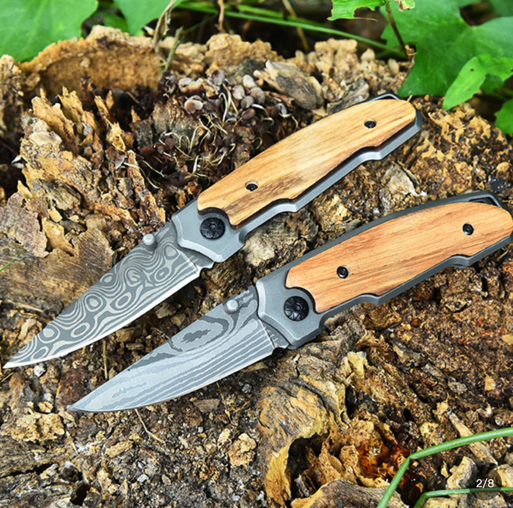 Damascus Pattern Folding Pocket Knife with Wood Handle - Stainless Steel EDC Camping Knife for Hiking, Fishing, Backpacking & Cooking - Compact Liner Lock Pocket Knife - Mens Everyday Carry Tool - Gift for Dad, Husband, Boyfriend, Outdoorsmen Birthday
