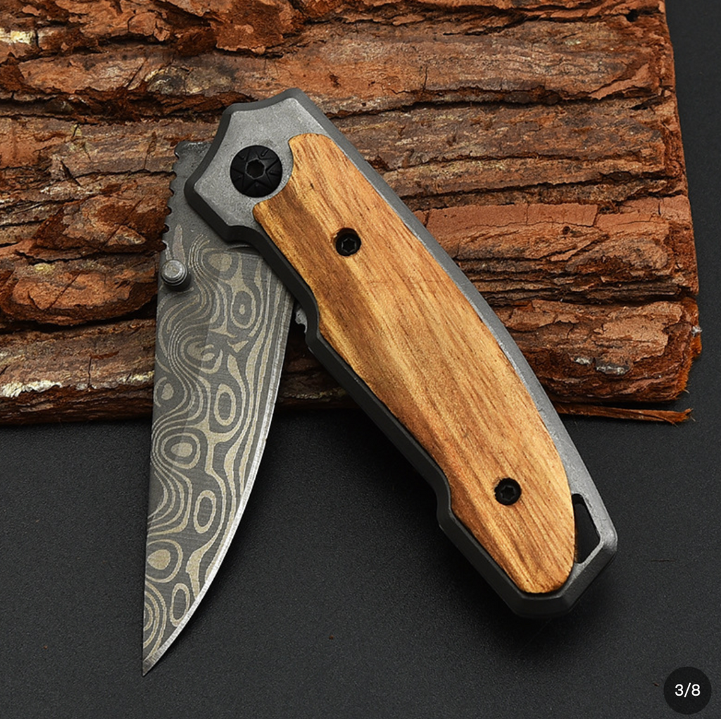 Damascus Pattern Folding Pocket Knife with Wood Handle - Stainless Steel EDC Camping Knife for Hiking, Fishing, Backpacking & Cooking - Compact Liner Lock Pocket Knife - Mens Everyday Carry Tool - Gift for Dad, Husband, Boyfriend, Outdoorsmen Birthday