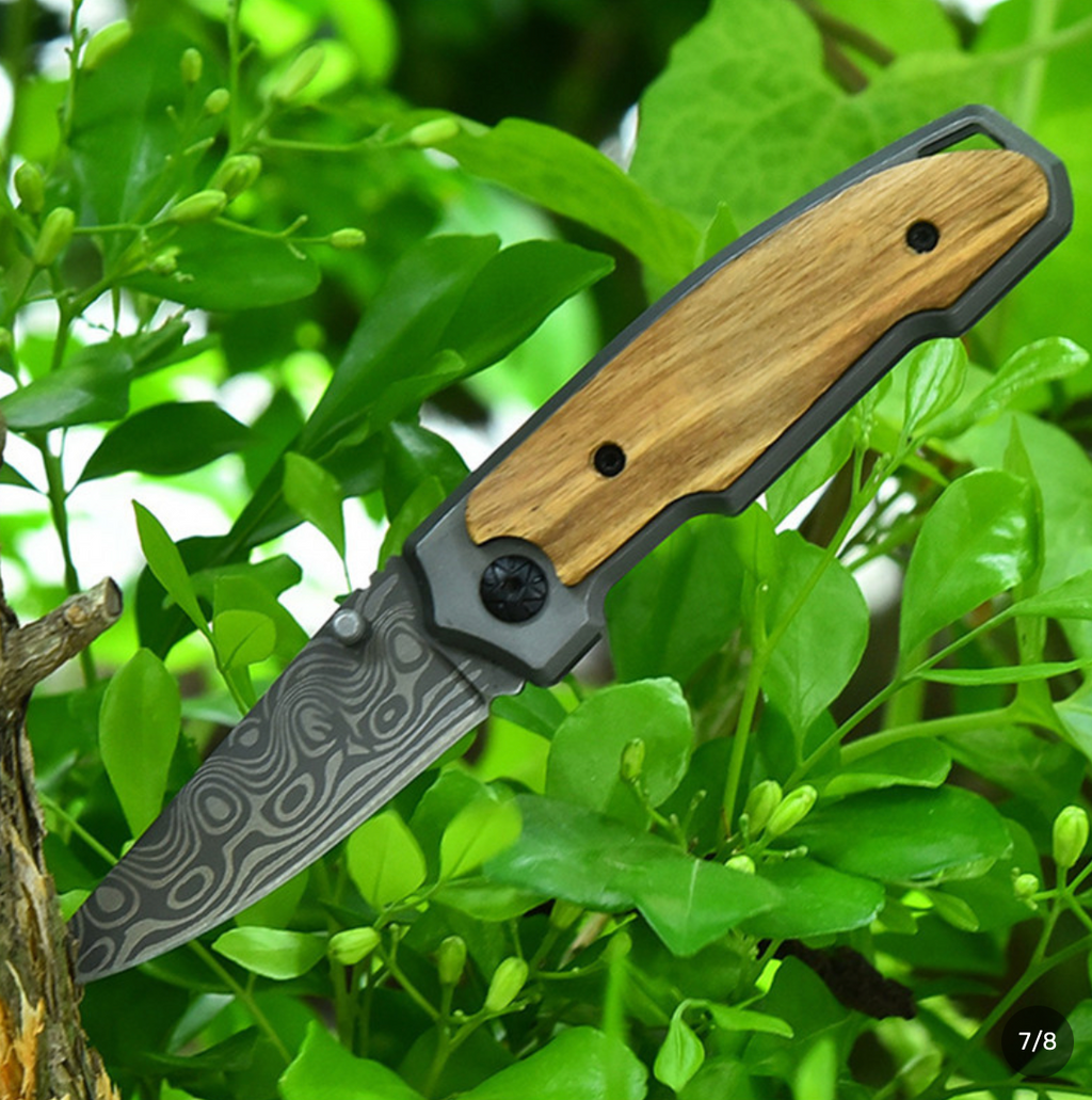 Damascus Pattern Folding Pocket Knife with Wood Handle - Stainless Steel EDC Camping Knife for Hiking, Fishing, Backpacking & Cooking - Compact Liner Lock Pocket Knife - Mens Everyday Carry Tool - Gift for Dad, Husband, Boyfriend, Outdoorsmen Birthday