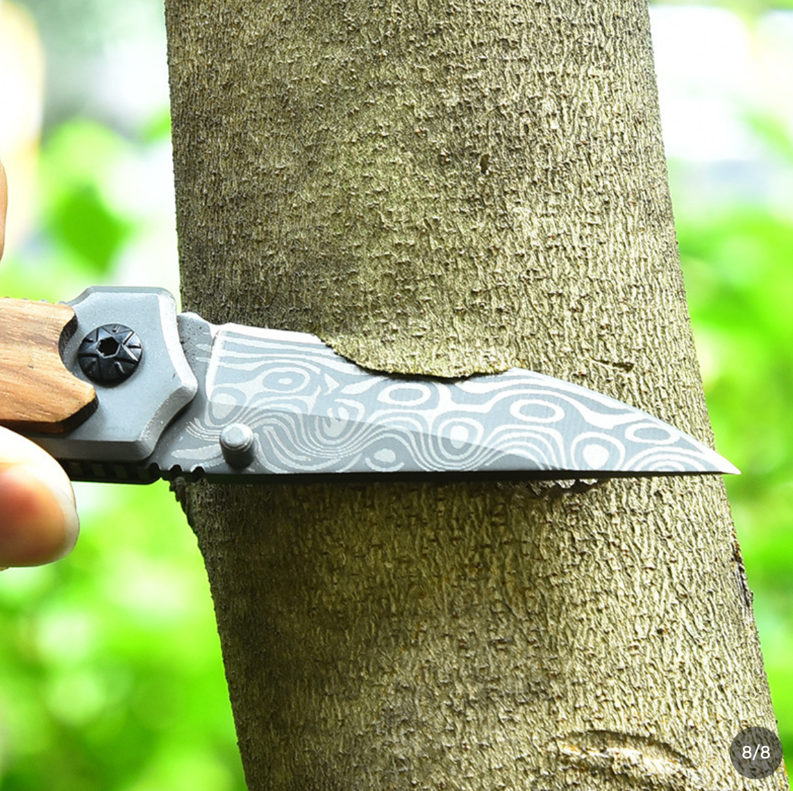 Damascus Pattern Folding Pocket Knife with Wood Handle - Stainless Steel EDC Camping Knife for Hiking, Fishing, Backpacking & Cooking - Compact Liner Lock Pocket Knife - Mens Everyday Carry Tool - Gift for Dad, Husband, Boyfriend, Outdoorsmen Birthday