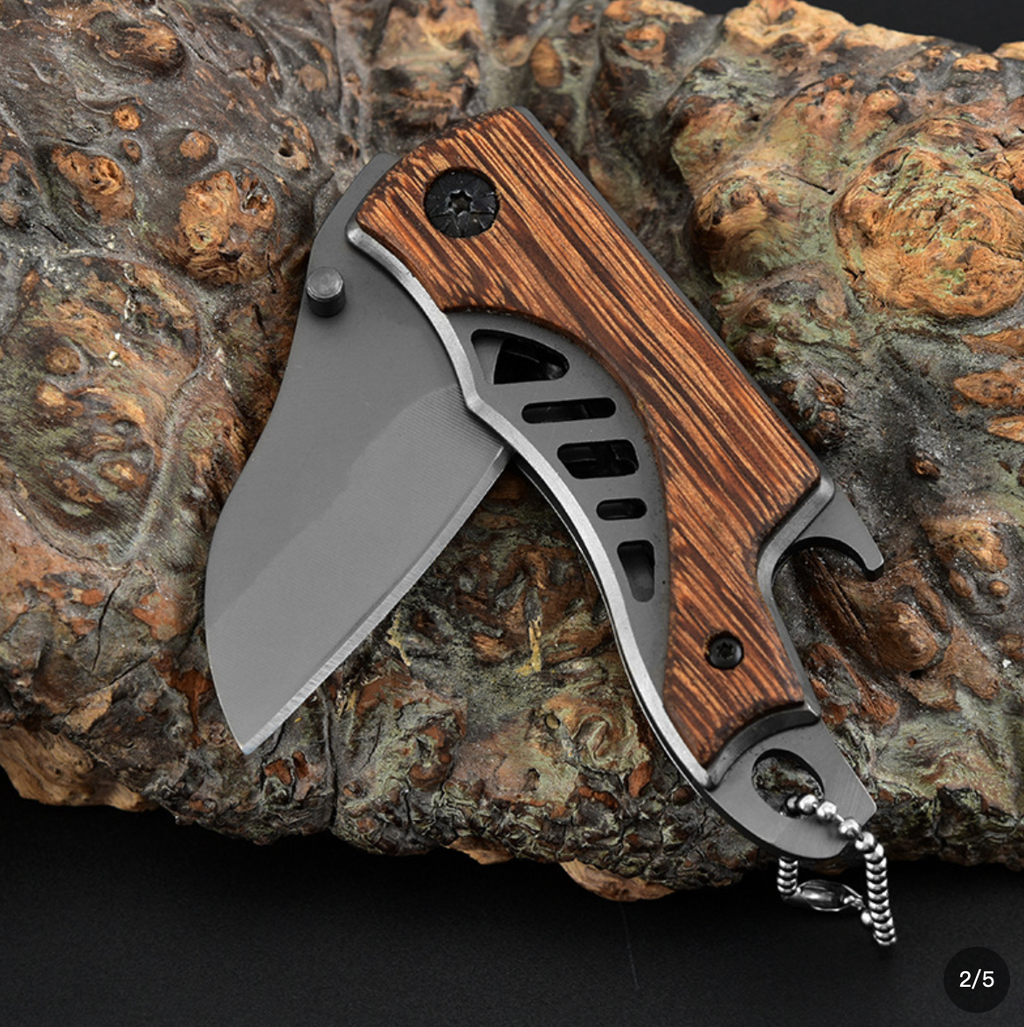 Compact Wood Handle Folding Pocket Knife with Keyring - Stainless Steel Mini EDC Knife with Liner Lock - Portable Pocket Knife for Travel, Camping, Hiking & Office Use - Lightweight Mens Everyday Carry Tool - Gift for Husband, Boyfriend, Dad, Outdoorsmen