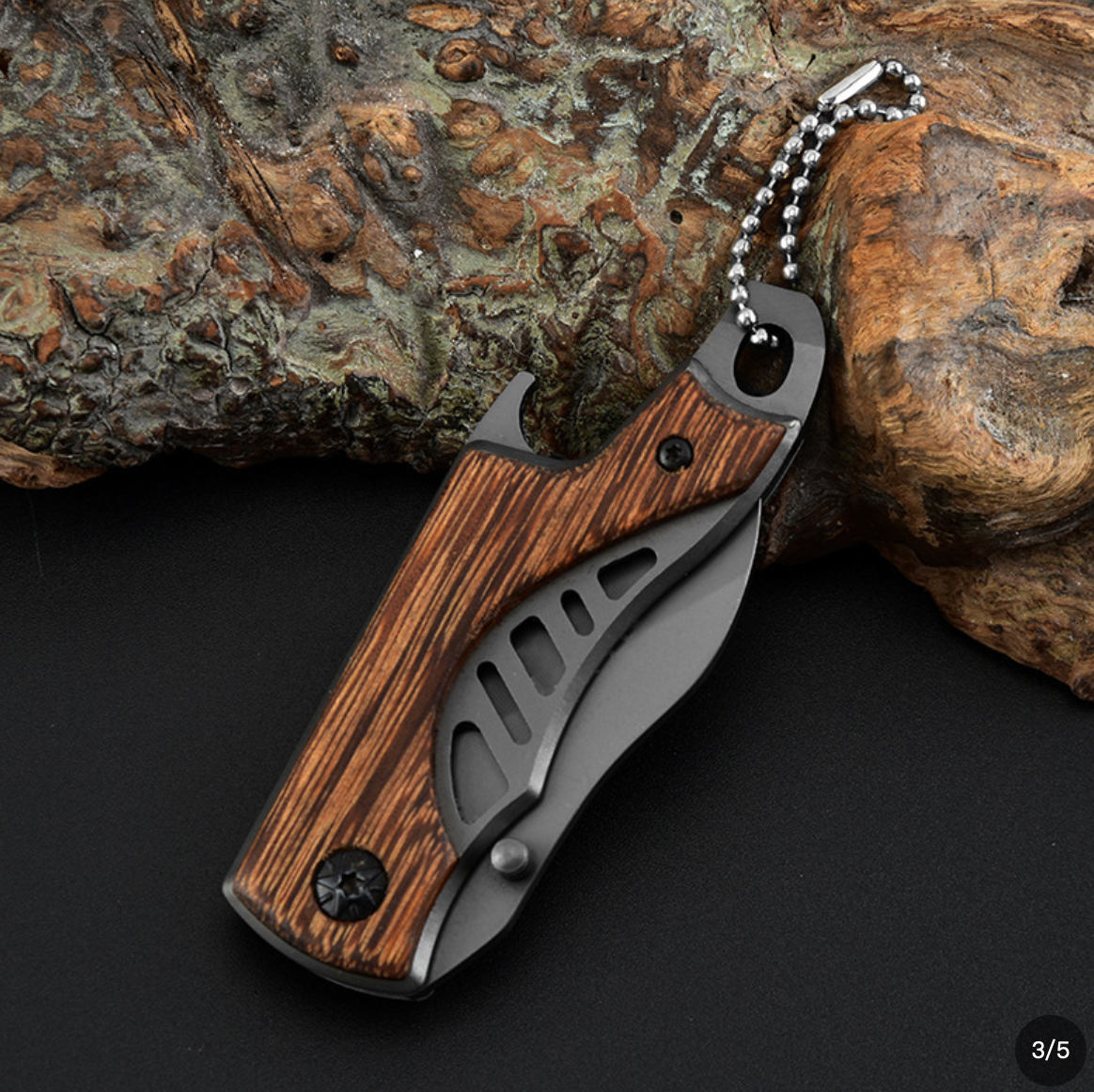 Compact Wood Handle Folding Pocket Knife with Keyring - Stainless Steel Mini EDC Knife with Liner Lock - Portable Pocket Knife for Travel, Camping, Hiking & Office Use - Lightweight Mens Everyday Carry Tool - Gift for Husband, Boyfriend, Dad, Outdoorsmen